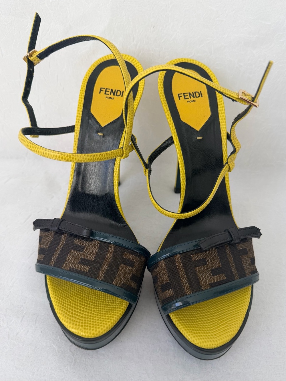 Auth Fendi Zucca FF-Logo Strappy High Heel Sandals